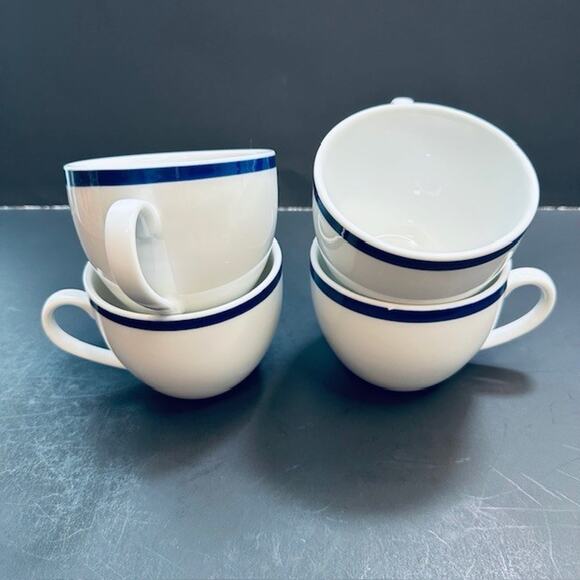 Williams-Sonoma Flat Cup Brasserie Blue Set of 4 White w/Blue Band Japan - Picture 14 of 14